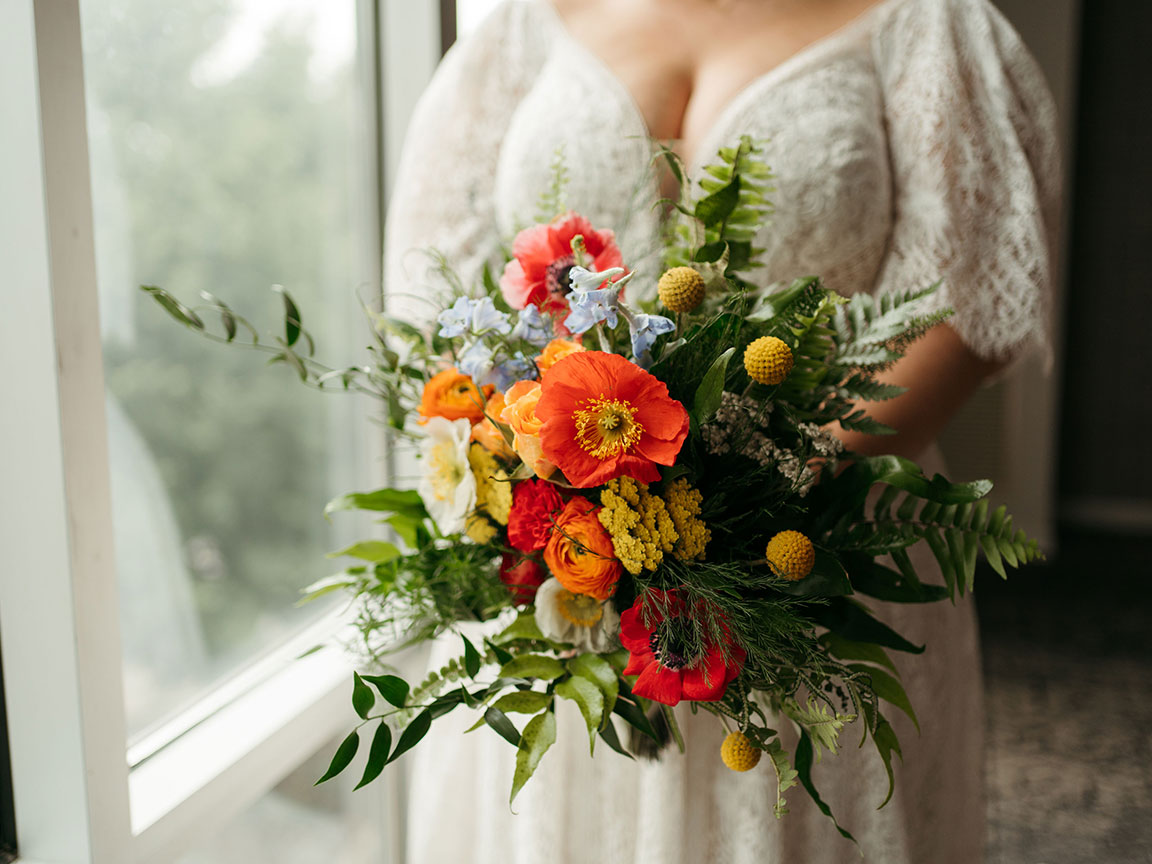 Bride with wedding flowers.